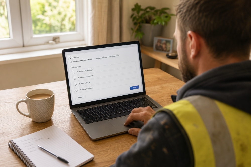 Worker practising a free CITB mock test online before booking a resit