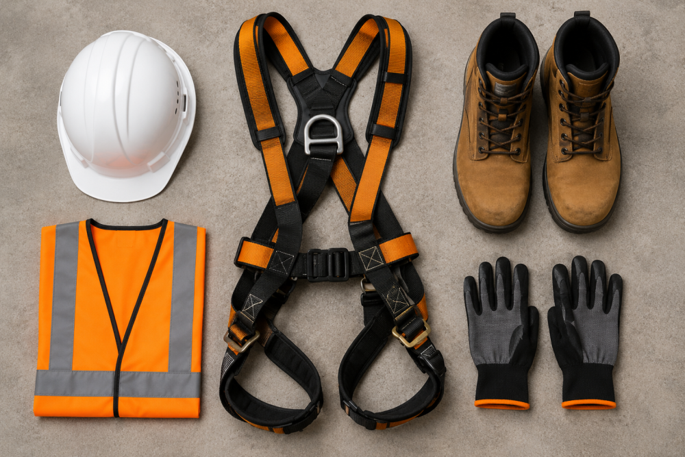 Hard hat, safety harness, work boots, gloves and hi-vis vest laid out as construction PPE
