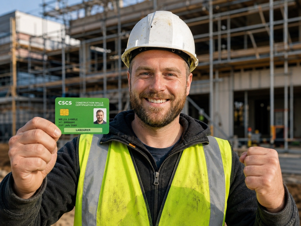 Construction worker with CSCS Green Card after passing the CITB health and safety test