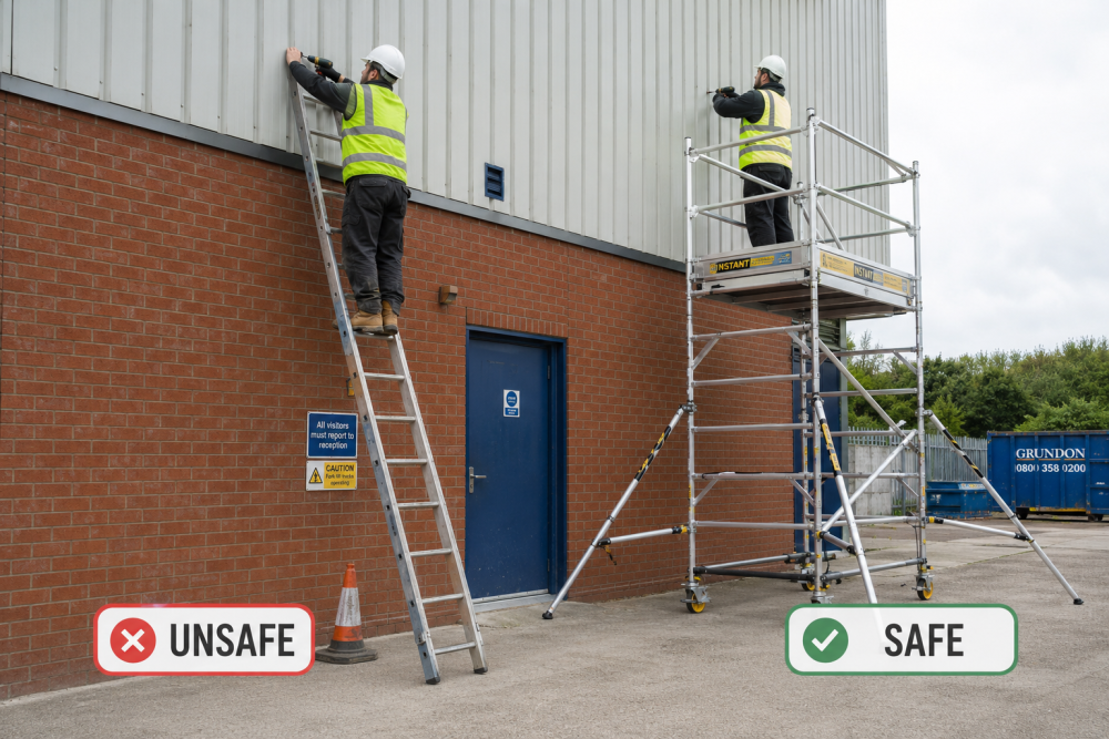 Unsafe leaning ladder versus safe tower scaffold for working at height on a UK site
