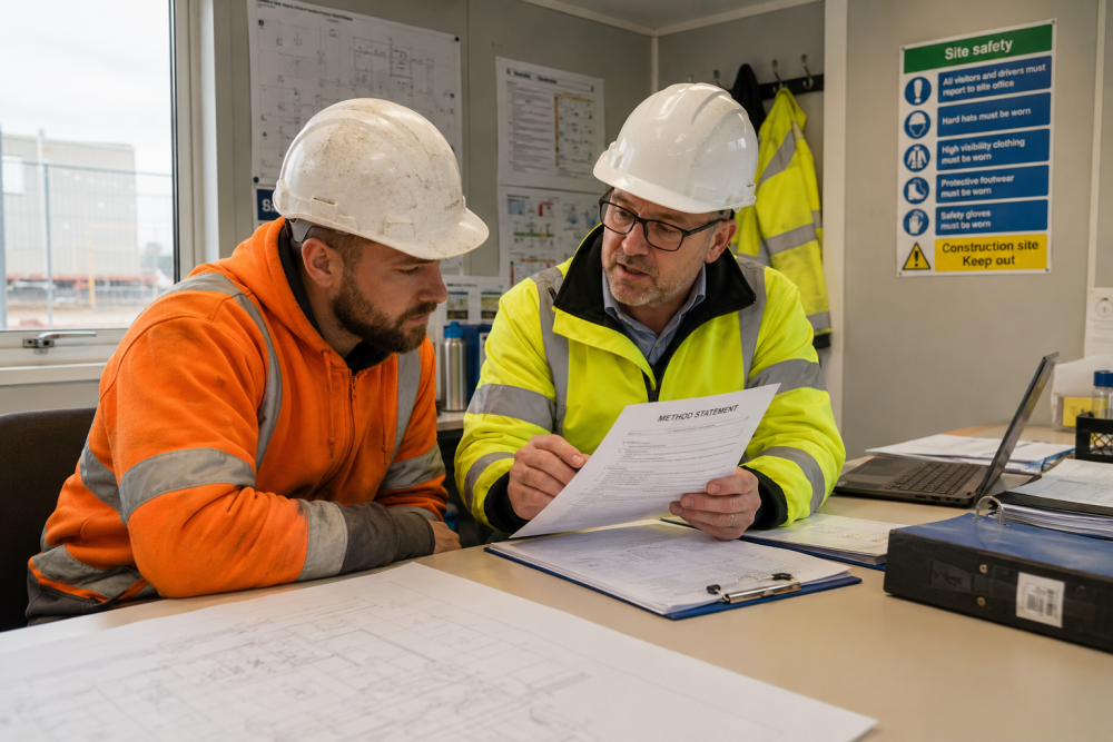 Contractor and worker reviewing a method statement in a UK construction site office