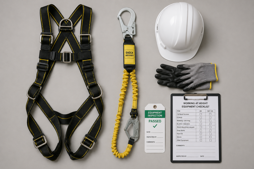 Working at height kit laid out with harness, lanyard, hard hat and inspection checklist