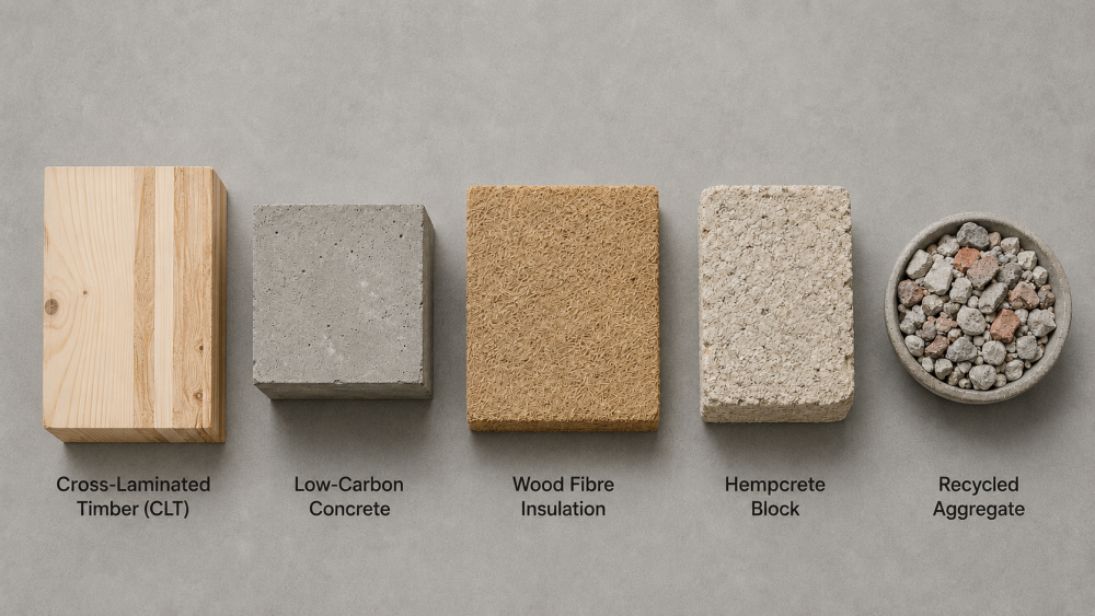 Labelled samples of CLT, low-carbon concrete, wood fibre, hempcrete and recycled aggregate