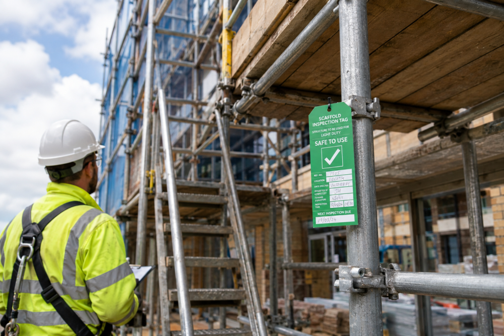 Green scaffold inspection tag marked Safe To Use attached to scaffolding on a UK site