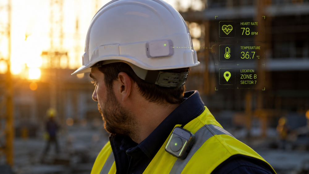 Construction worker wearing smart helmet and IoT safety sensors for real-time site monitoring
