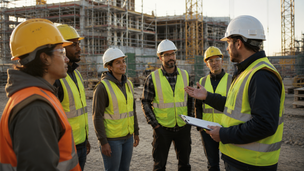 Construction site supervisor delivering safety training briefing to workers in high-visibility clothing
