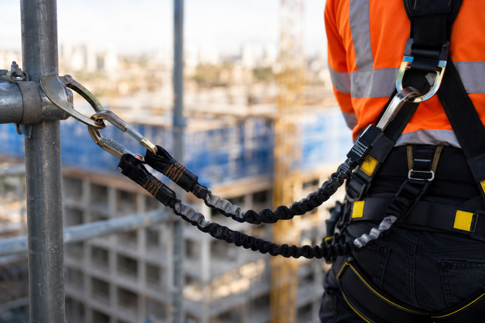 Worker's fall arrest lanyard with shock absorber clipped to a scaffold tube on site
