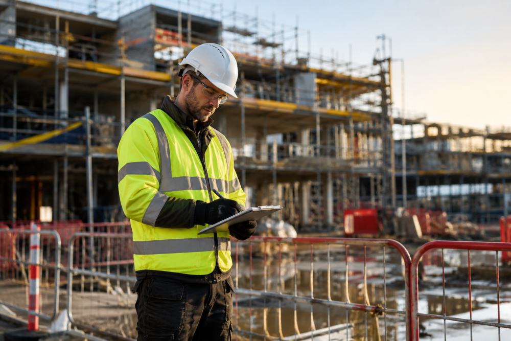 Site worker in hi-vis completing a risk assessment on a clipboard at a construction site 