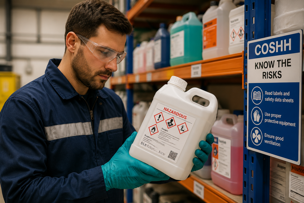 Worker checking a chemical product label in a UK workplace