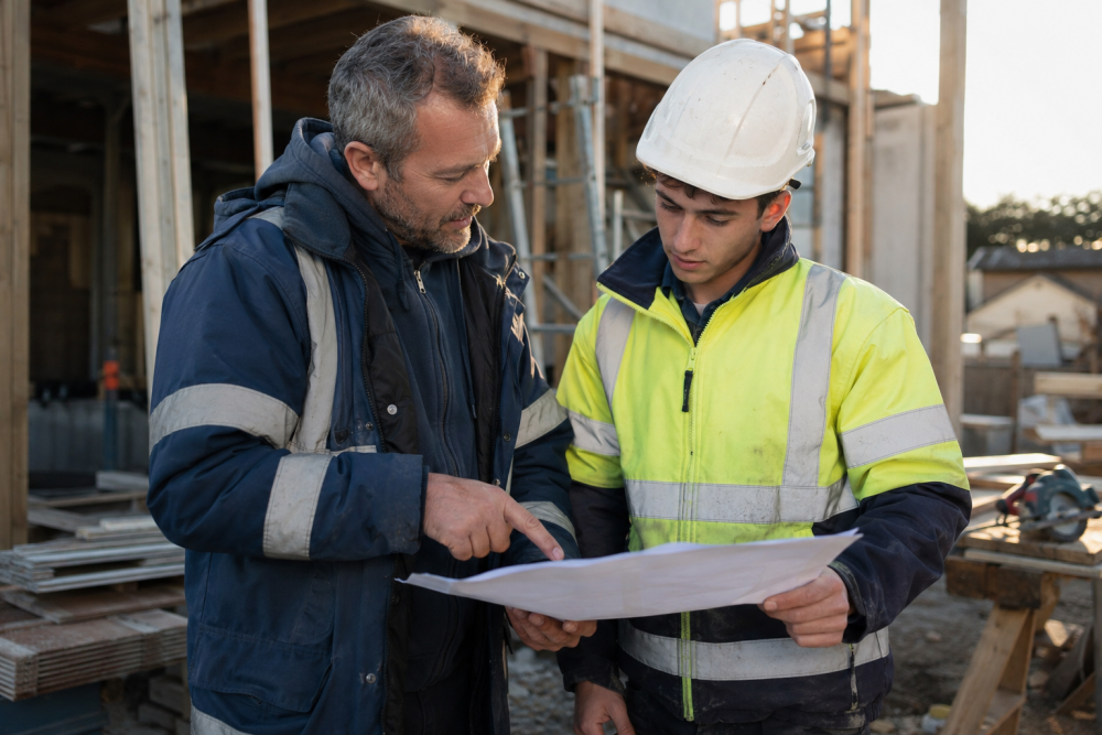 Apprentice being shown a task by a supervisor on a construction site during a work placement