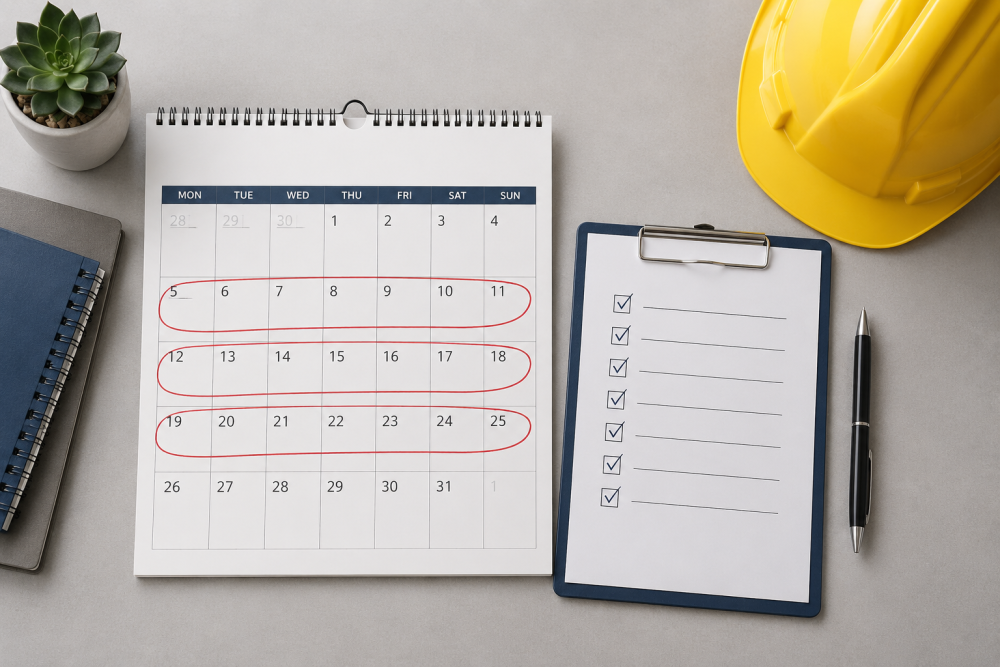Calendar and clipboard showing a shortened three-week construction work placement