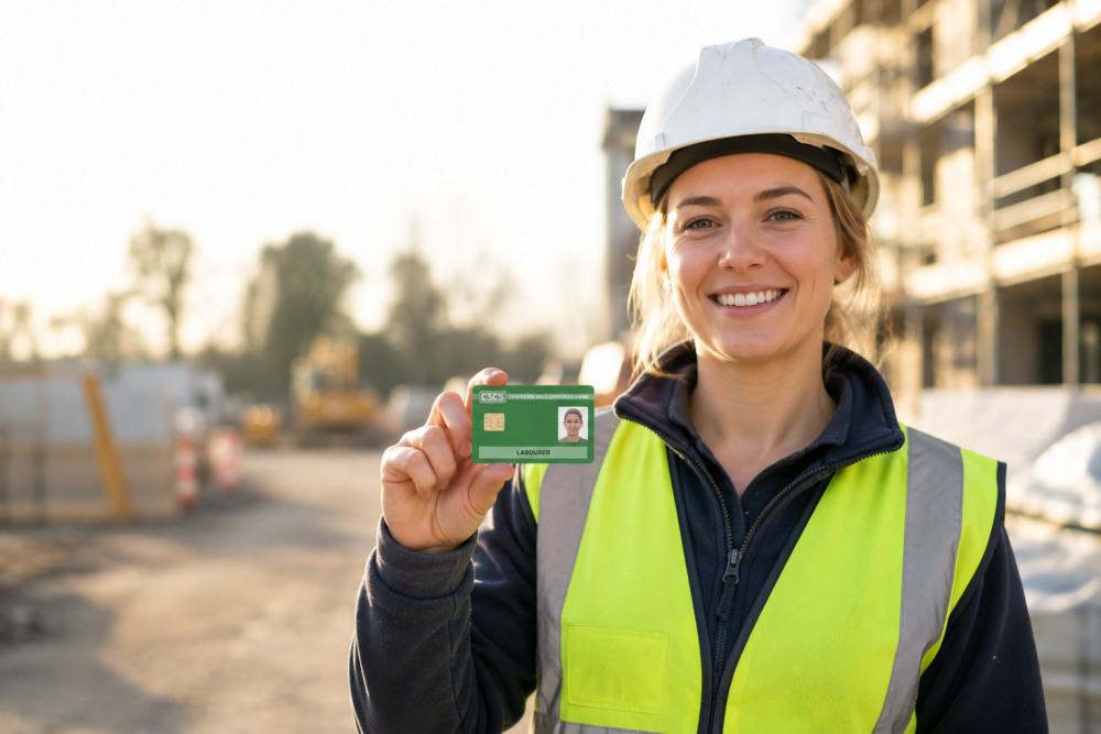 Female construction worker holding a green CSCS card at a building site