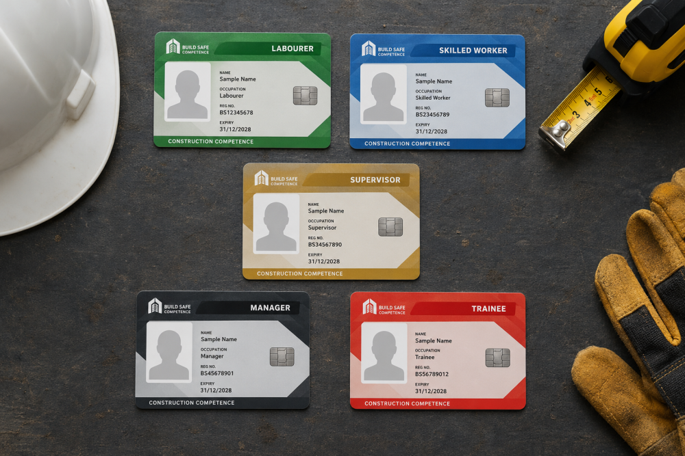 Set of dummy construction competence cards in green, blue, gold, black and red showing card layout