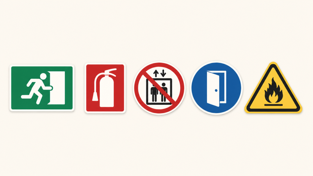 The five safety sign types: green, red, red prohibition, blue mandatory and yellow warning