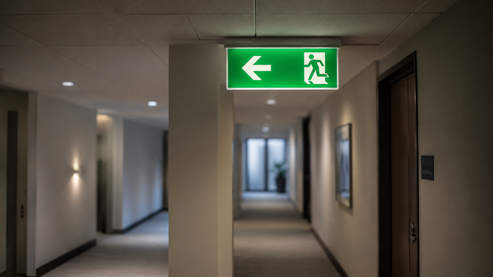 Green exit sign at a corridor junction with an arrow pointing one way and a corridor ahead