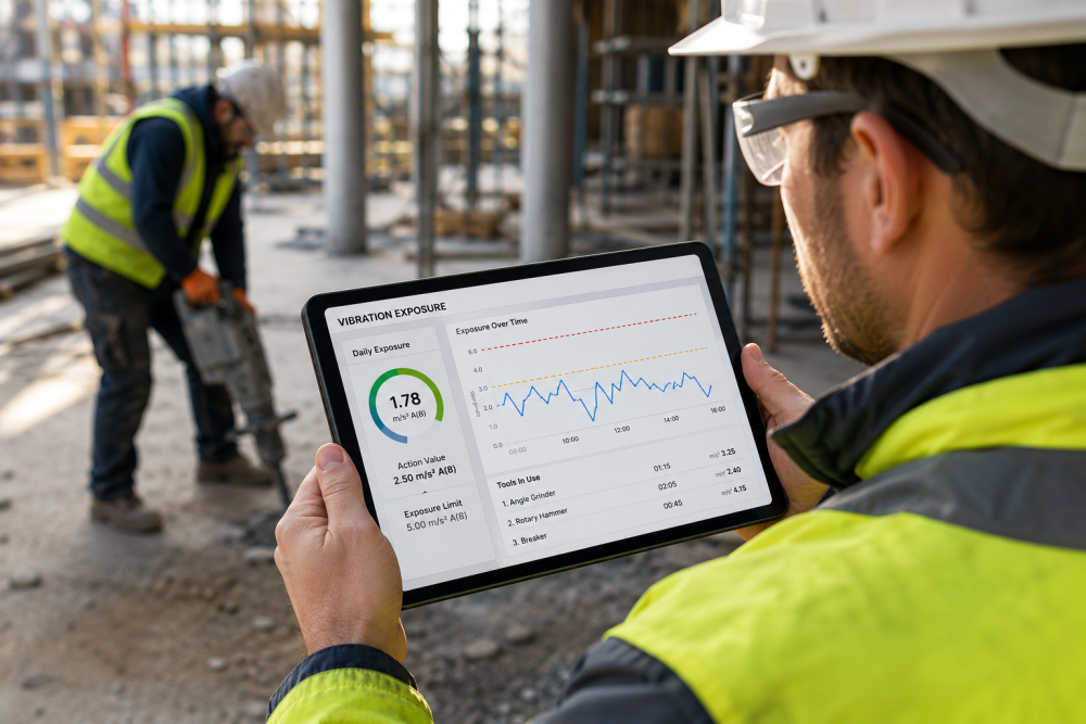 Site supervisor checking vibration exposure monitoring on a UK site