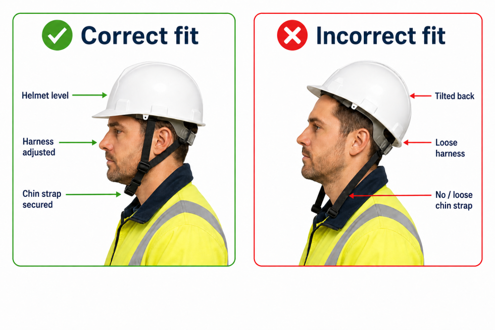 Correct vs incorrect hard hat fit comparison