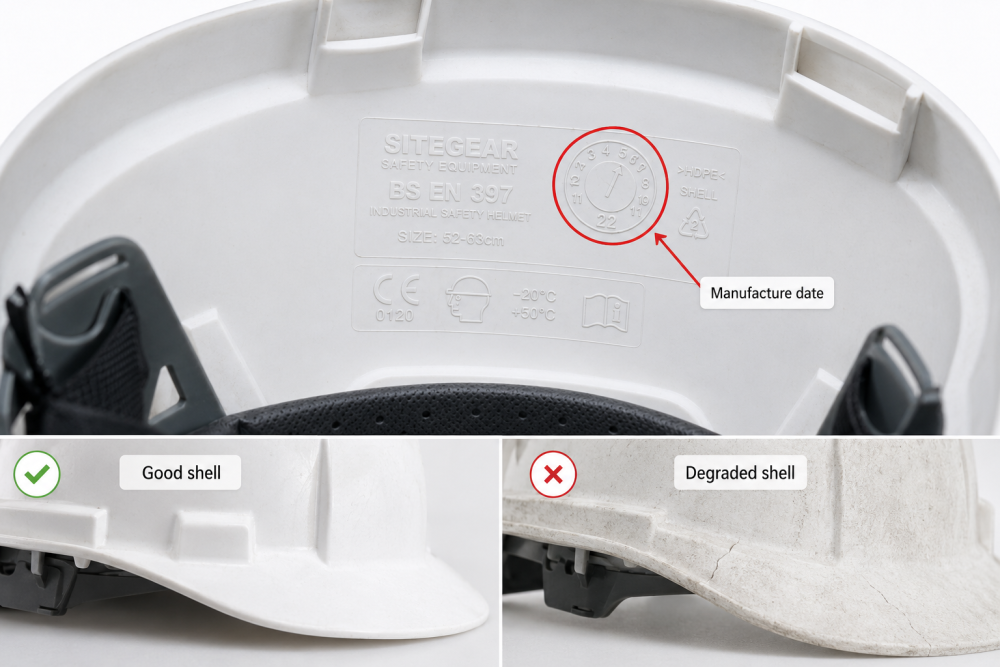 BS EN 397 hard hat manufacture date and good vs degraded shell