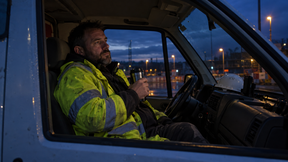 Weary construction worker in hi-vis sitting in his van before dawn, holding a travel mug
