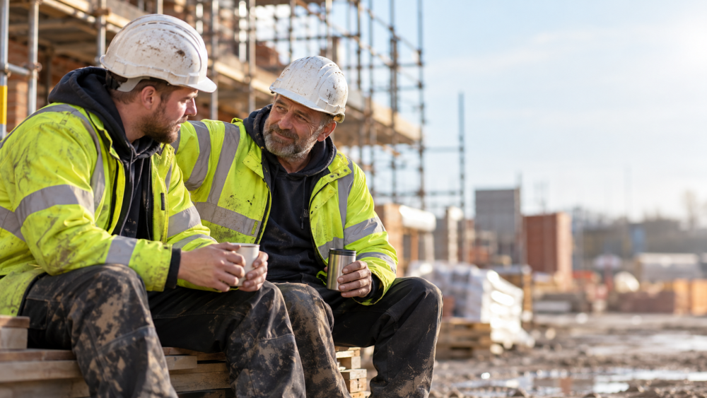 Two construction workers in hi-vis talking over tea during a break on a UK building site