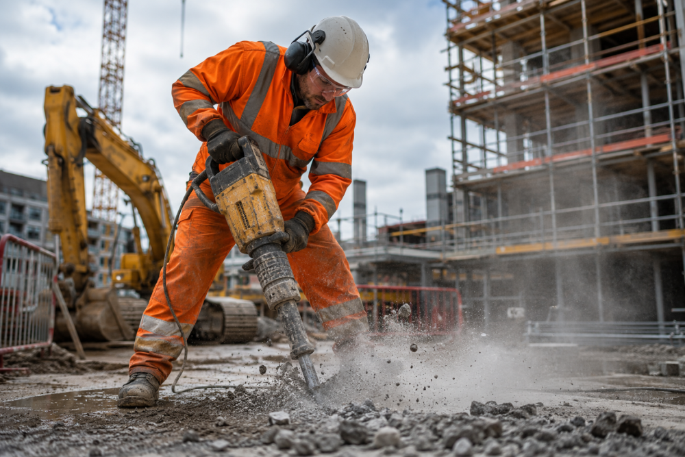 Worker in hi-vis and ear defenders using a concrete breaker on a UK construction site