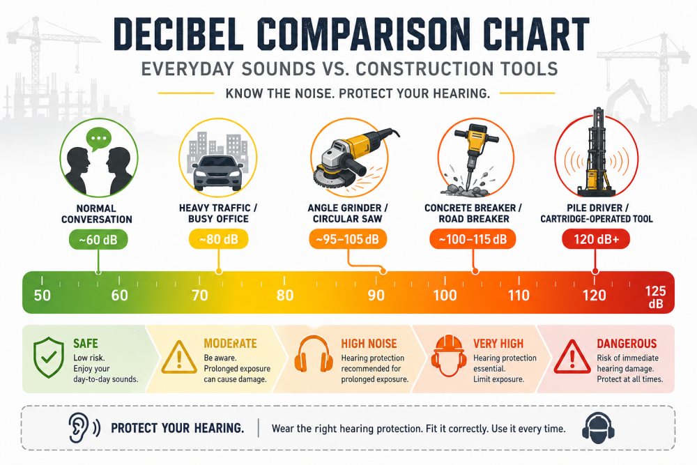 Decibel comparison chart: everyday sounds vs construction tool noise levels