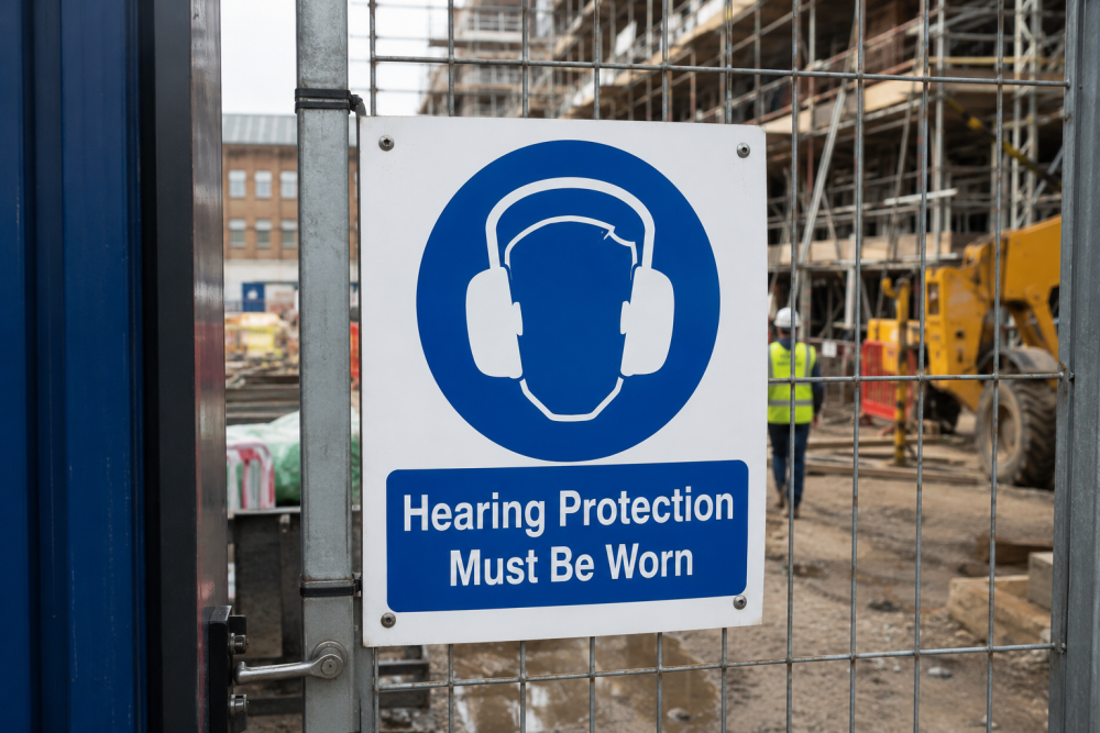 Hearing Protection Must Be Worn" mandatory safety sign on a construction site fence