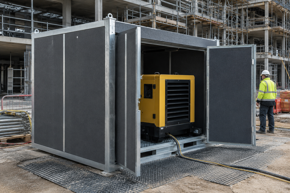 11:08 AM Acoustic enclosure around a generator reducing noise at the source on a construction site