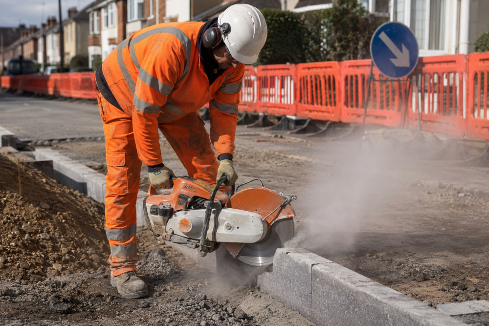 ut-off saw cutting kerb, a high-risk task for silica dust exposure