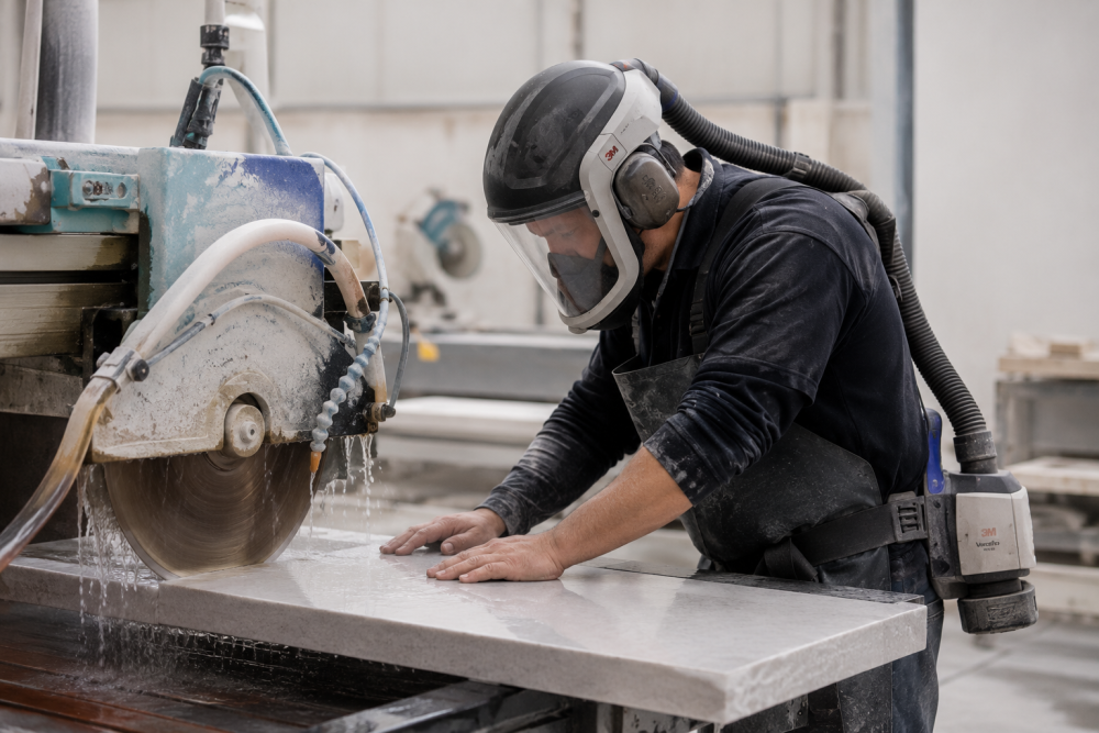 Wet-cutting engineered stone to prevent silica dust exposure