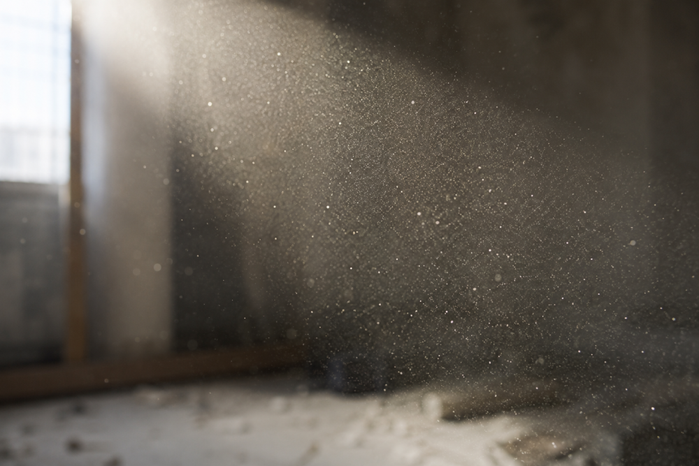 Airborne respirable crystalline silica dust in light on a construction site