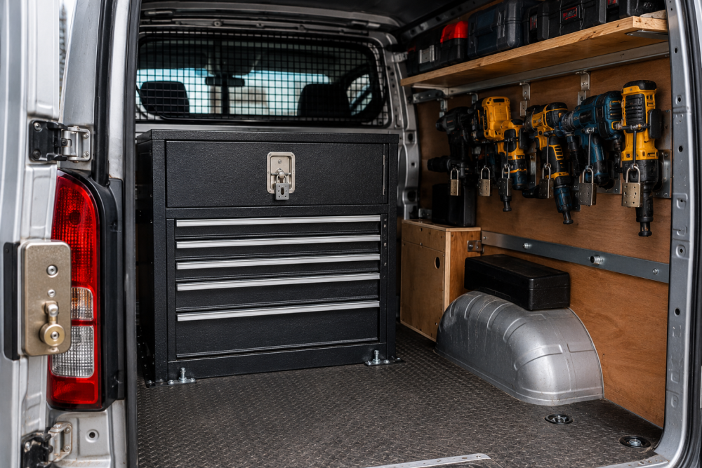 ecured van interior with a bolted tool chest and deadlocks to prevent tool theft from vans