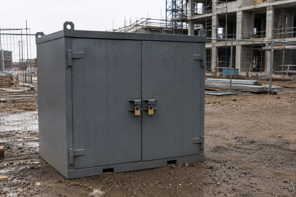 Lockable steel storage container securing tools on a construction site