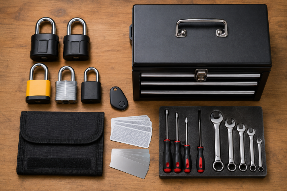 Tool security kit including padlocks, a Faraday pouch and a GPS tracker
