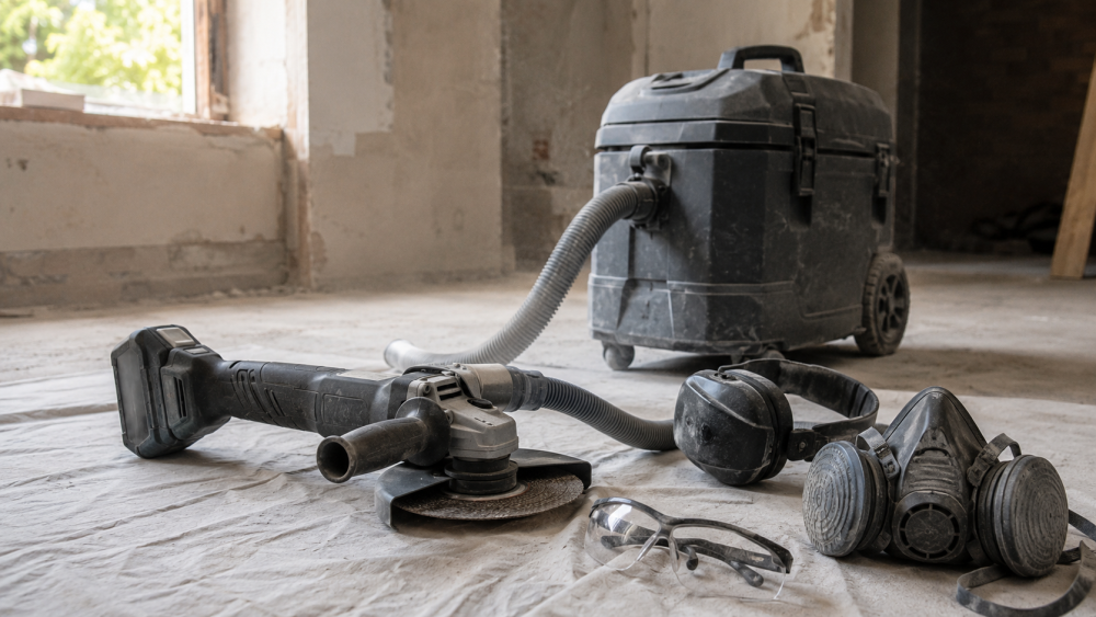 M-class dust extractor connected to an angle grinder, with respirator, glasses and ear defenders
