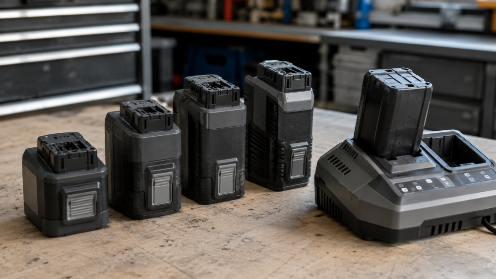 Compact and high-capacity battery packs from one platform lined up beside a multi-bay charger