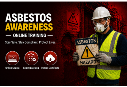 Asbestos Awareness online training course banner featuring online course, expert learning and instant certificate