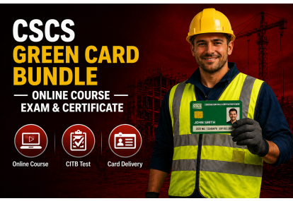 CSCS Green Card Bundle – online course, CITB test, and card delivery package shown with a construction worker holding his CSCS card