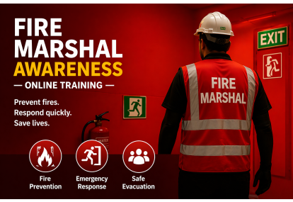 Fire Marshal online training course — worker wearing Fire Marshal hi-vis vest and hard hat near workplace emergency exit