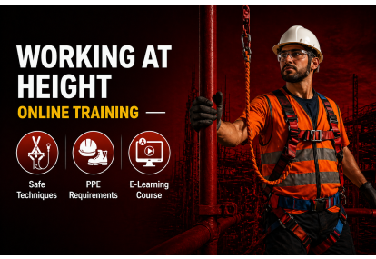 Working at Height online training course banner covering safe techniques, PPE requirements and e-learning content