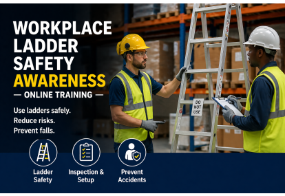 Workplace Ladder Safety Awareness online training course — two warehouse workers inspecting a ladder marked Do Not Use