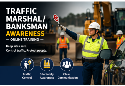 Traffic Marshal and Banksman online training course — worker in hi-vis using stop sign to control vehicle traffic on UK construction site