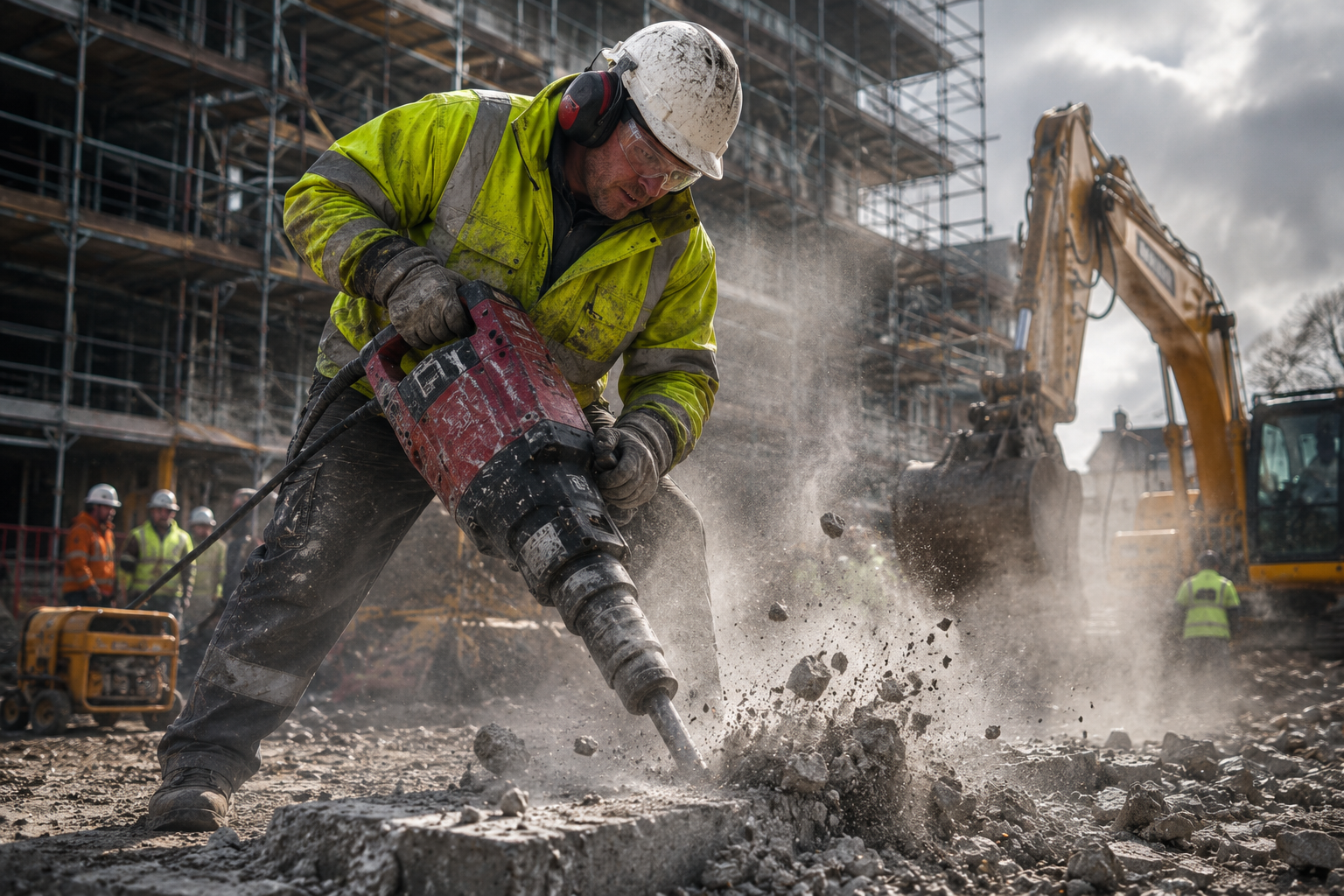 Construction worker in ear defenders using a concrete breaker on a building site