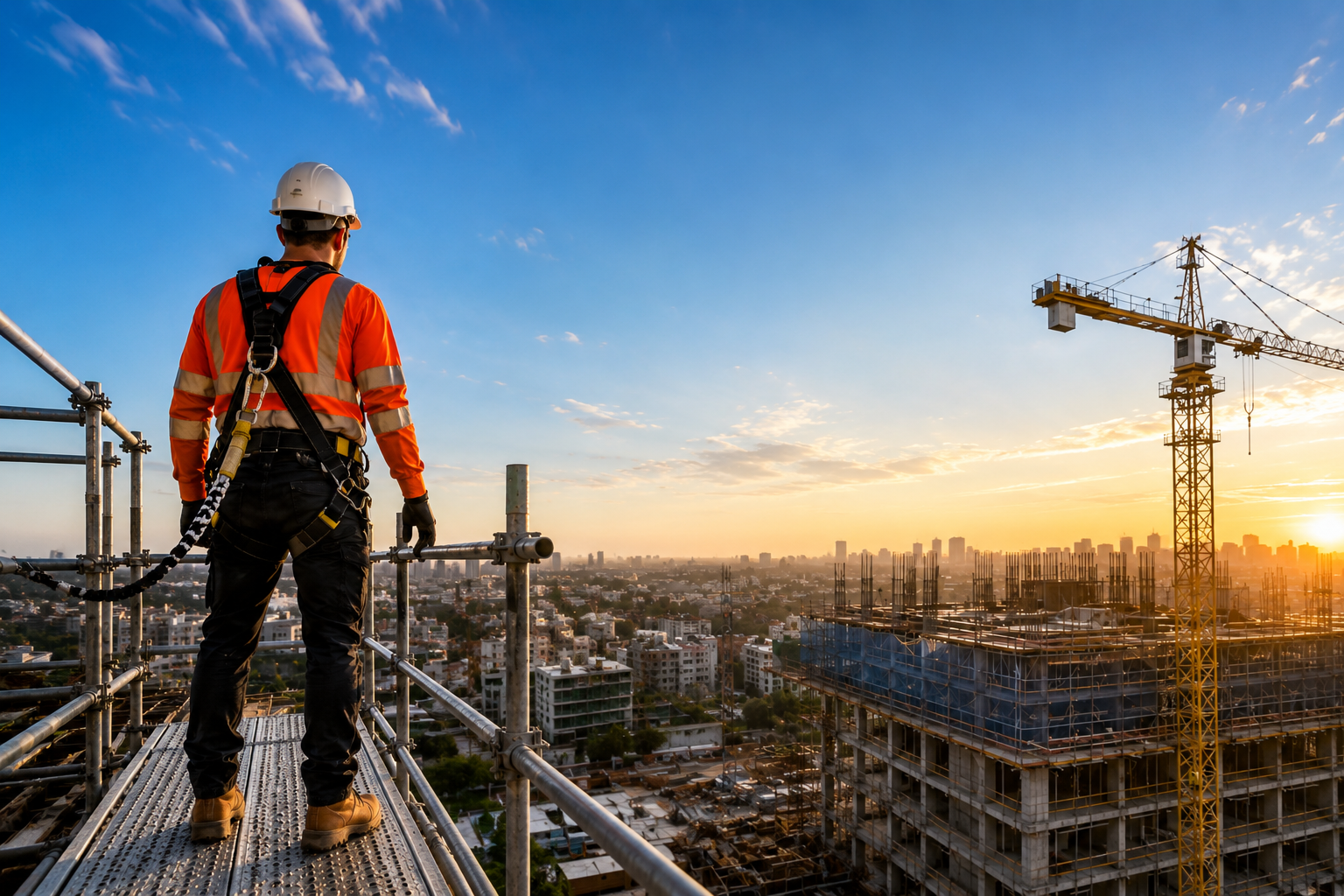 Worker in hi-vis and harness standing on scaffolding at height on a UK construction site