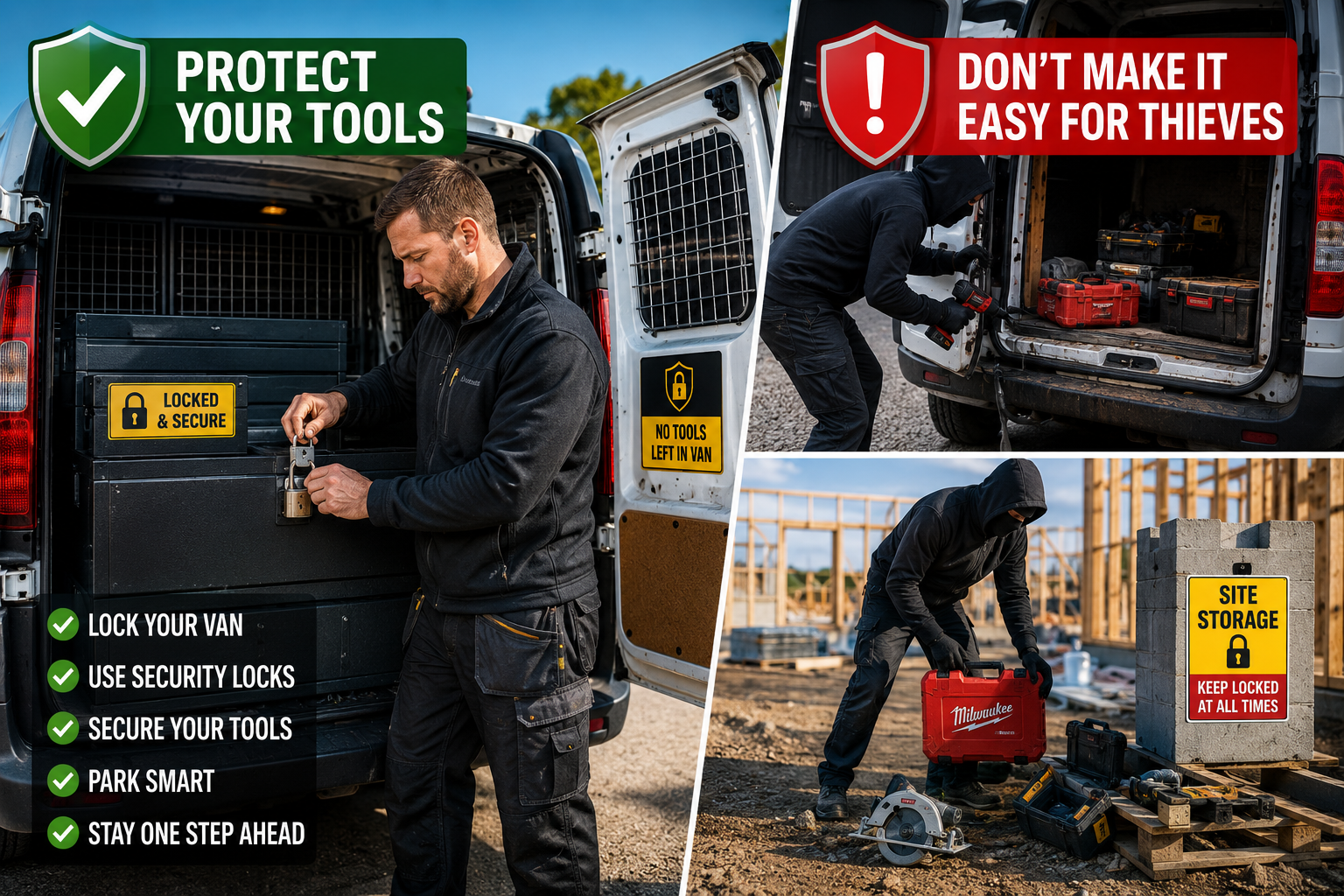 Worker securing tools as thieves steal equipment from a van and construction site