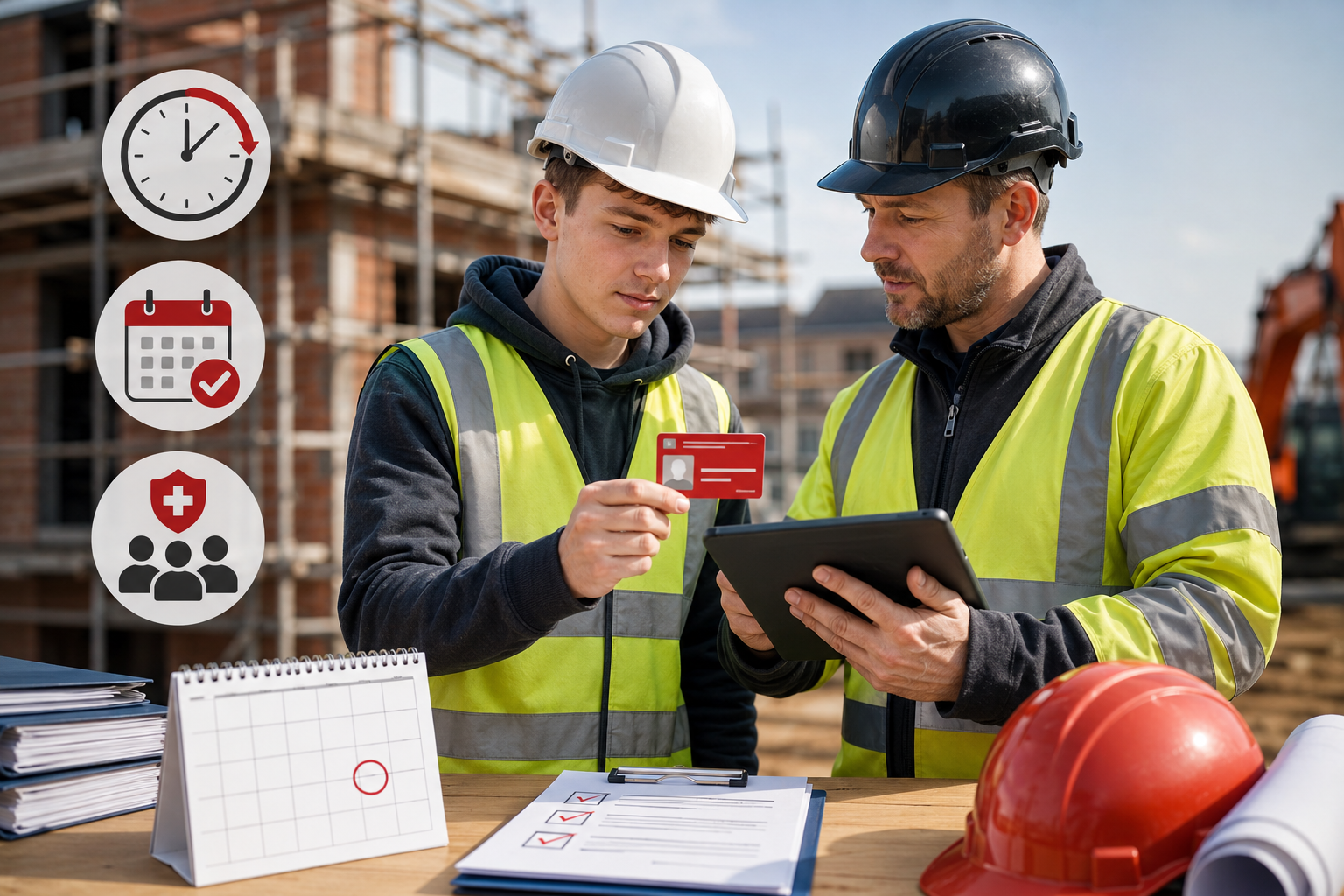 Trainee and supervisor review a red CSCS card and updated site requirements