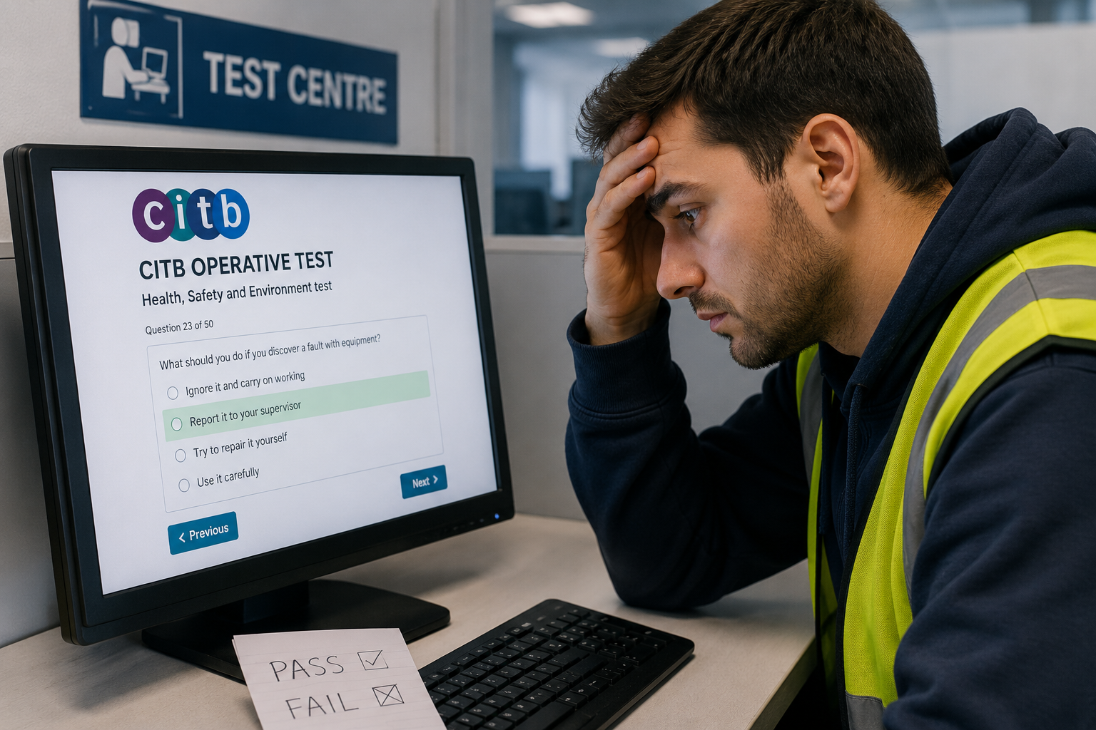 Worried worker taking CITB operative test at exam centre