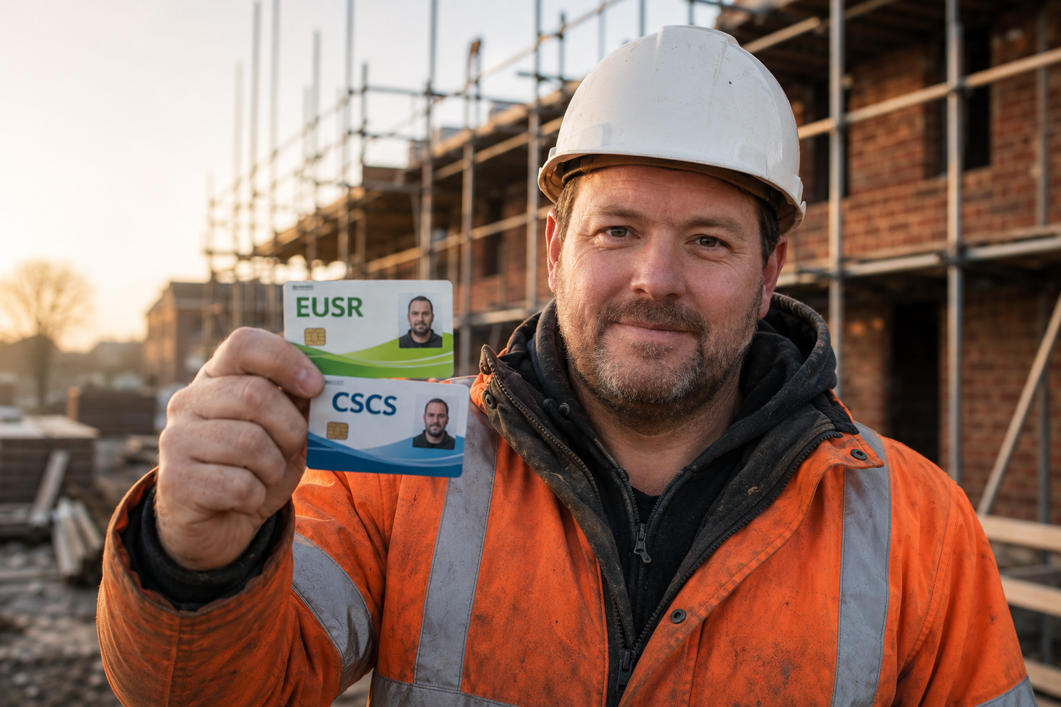 UK construction worker holding EUSR and CSCS cards on a building site