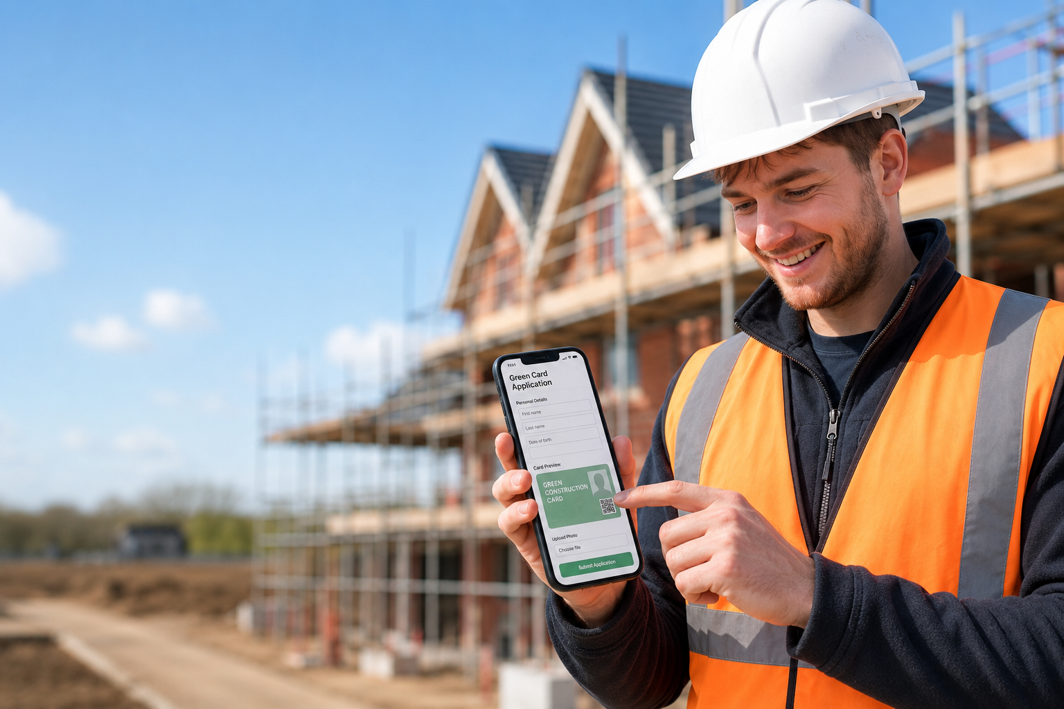 Construction worker in hi-vis and hard hat applying for a CSCS card online on his phone
