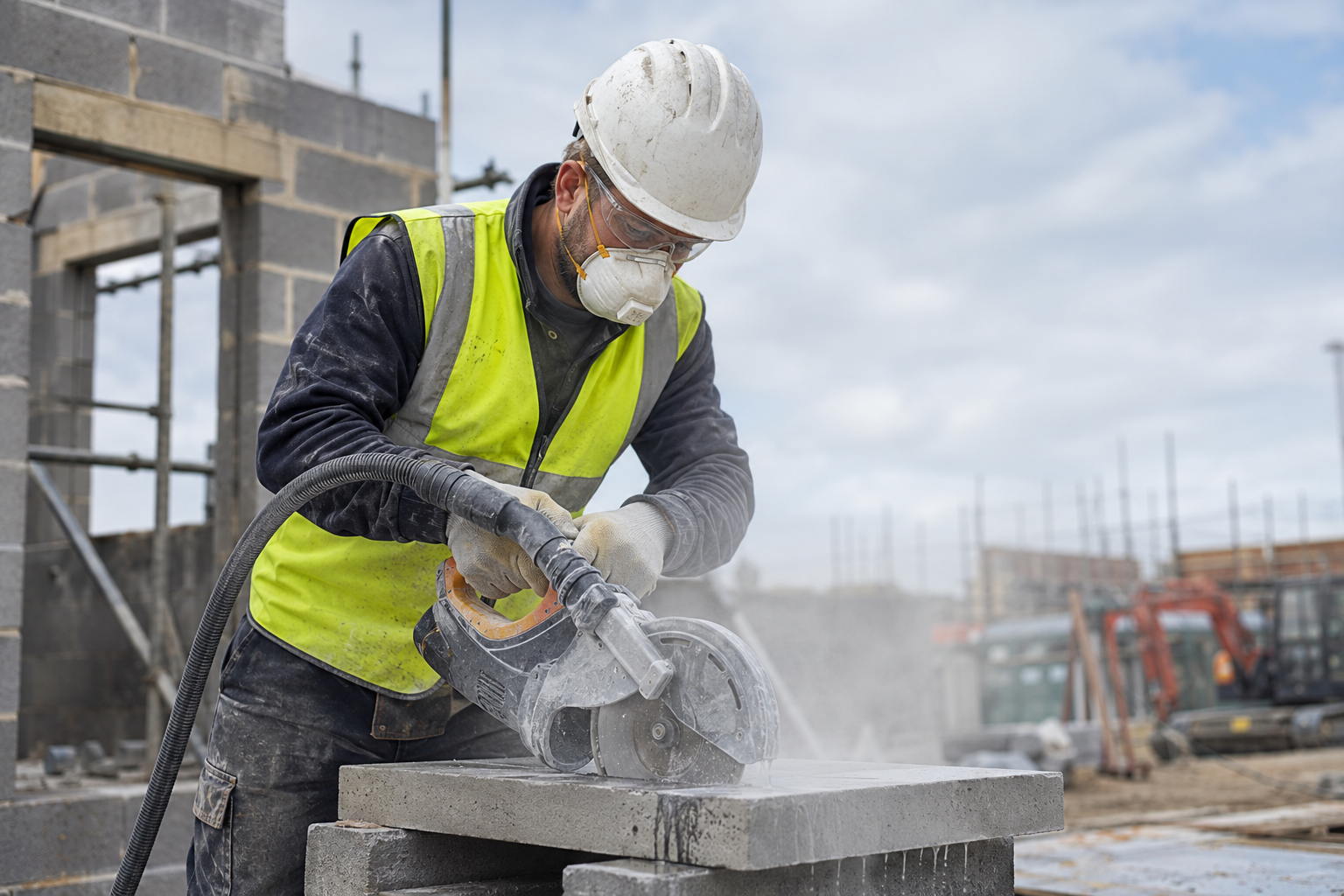 Worker cutting concrete with dust extraction while wearing respiratory protective equipment.